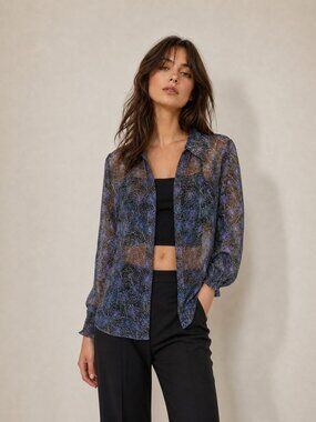 Attitude Peacock Pattern Button Down Shirt with Ruched Sleeves Sz XS